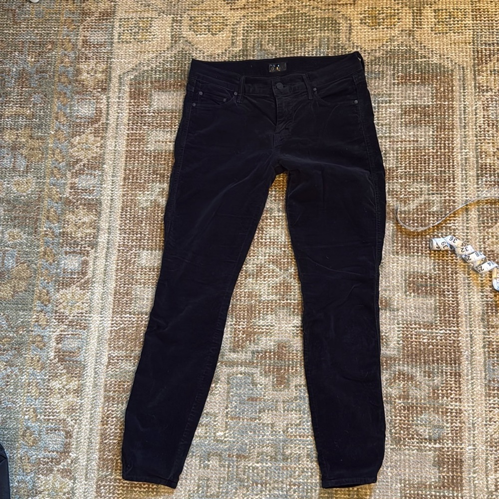 Mother the vamp skinny low rise black velvet pants with slit at ankle